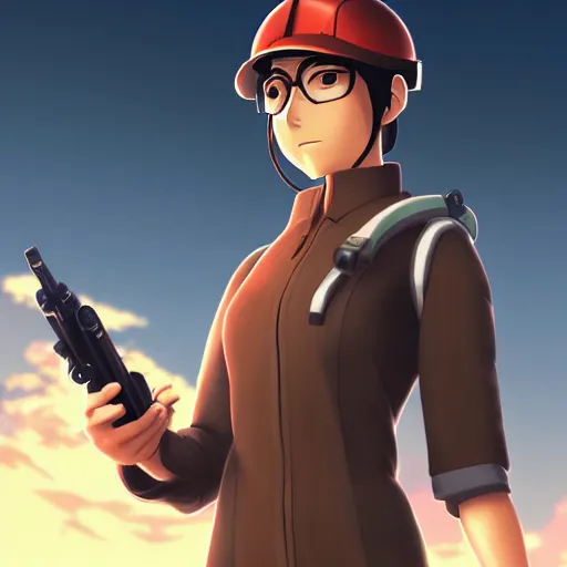 Image similar to beautiful makoto shinkai anime style digital painting of engineer woman from team fortress 2 by valve, 4 k, 8 k, hd, high resolution, highly detailed, intricate detail, ultra realistic faces, digital art, trending on artstation, team fortress 2, your name, weathering with you