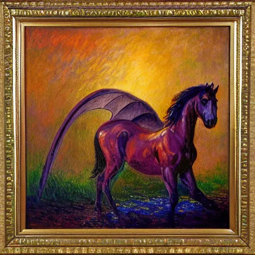 Prompt: oil painting horses mixed with dragon at night backlit in style o monet