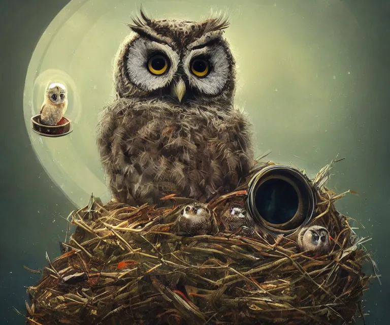 Image similar to long shot of a very cute owl chick nesting in a very futuristic cup, esao andrews, humorous illustration, hyperrealistic, big depth of field, warm colors, night scenery, low light, 3 d octane render, 4 k, conceptart, hyperdetailed, hyperrealistic, trending on artstation