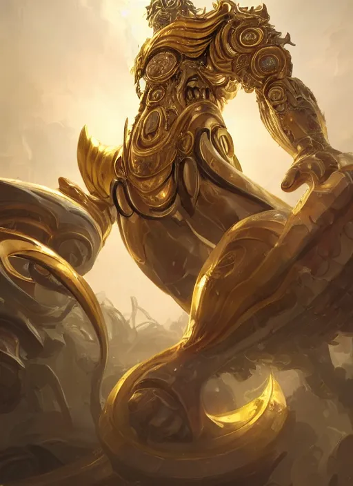 Image similar to a highly detailed illustration of gentle colossal golden horned greek mechanical giant, with cute doting eyes, intricate, elegant, highly detailed, centered, digital painting, artstation, concept art, smooth, sharp focus, league of legends concept art, wlop.