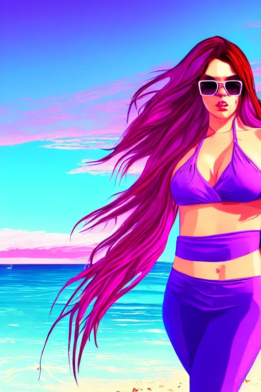 Prompt: a stunning GTA V loading screen with a beautiful woman with ombre hairstyle in purple and pink blowing in the wind at the beach at sunset in a bikini, outrun, vaporware, palm trees, retro, beautiful sky with cumulus couds, digital art, trending on artstation