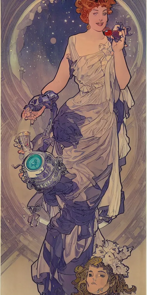 Image similar to a woman wearing outer space as a dress, pouring water from a vase into the milky way, by travis charest, by alphonse mucha, battle chasers.