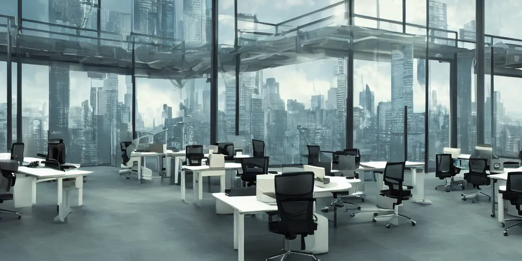 Prompt: an solarpunk futuristic office with levitating chairs, windows of a futuristic city in the background hyper - realistic digital art