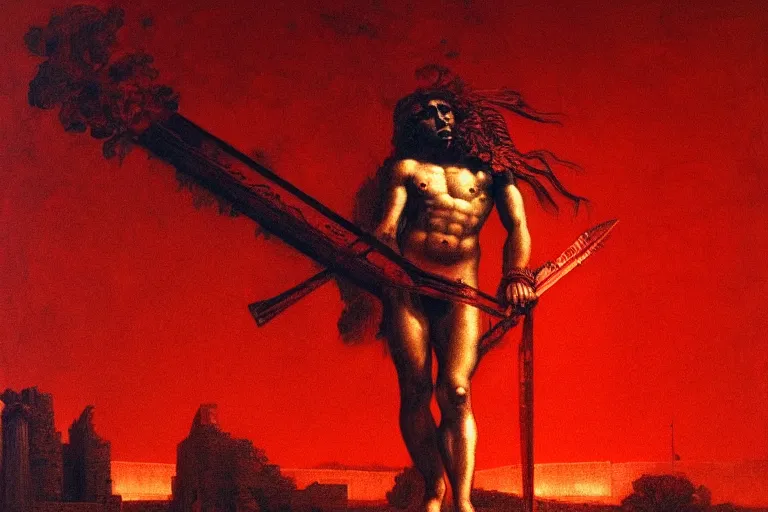 Image similar to only with red, a red melted apollo with a laurel wreath and a flaming sword announce the win, athens in the background, in the style of beksinski, part by hopper, part by rodcenko, part by hofbauer, intricate composition, red by caravaggio, insanely quality, highly detailed, masterpiece, red light, artstation