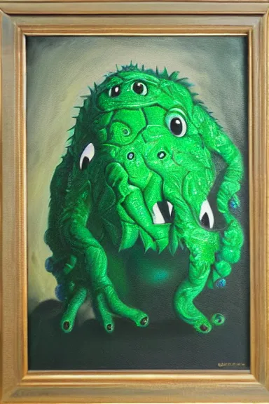 Prompt: This is a monster, and its name is Greeny, oil painting, 8k