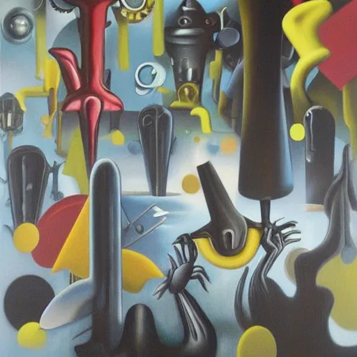 Prompt: Oil painting by Yves Tanguy. Mechanical gods with bird faces kissing. Oil painting by Lisa Yuskavage.