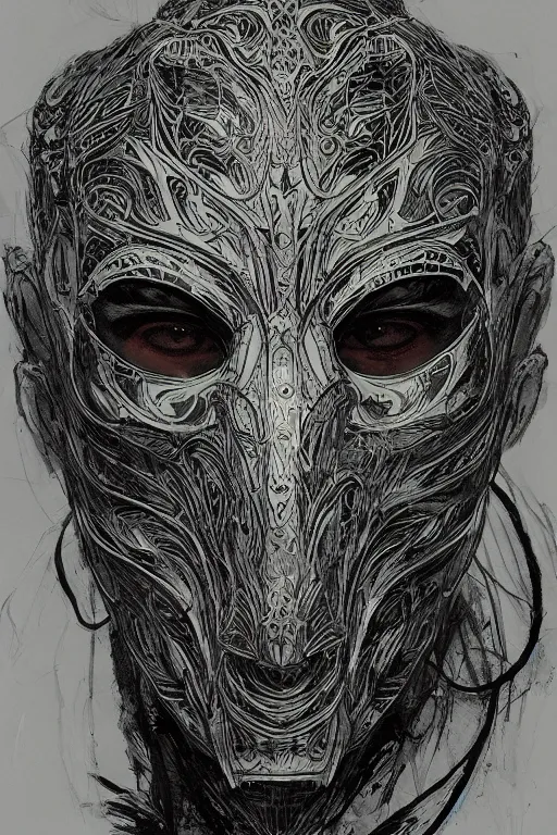 Image similar to portrait of a person wearing a really cool mask, colorpen and ink, neon, intricate line drawings, by craig mullins, ruan jia, kentaro miura, greg rutkowski