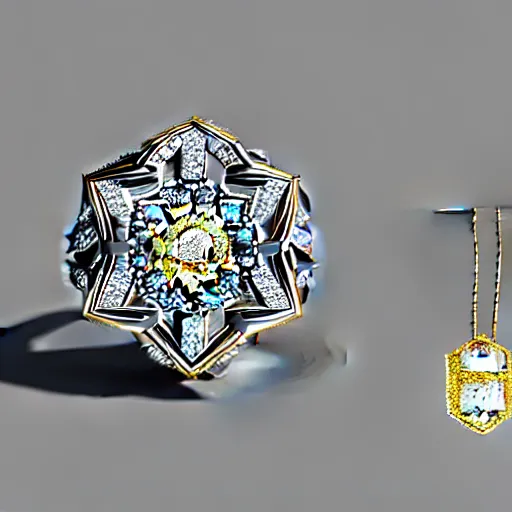 Image similar to intricate!! nordic ring and necklace and ear, silver and gold and diamond, isolated on a white background and a flower in the background, refraction, occlusion, filigree, lower and upper levels, keyshot render, octane render, vray render