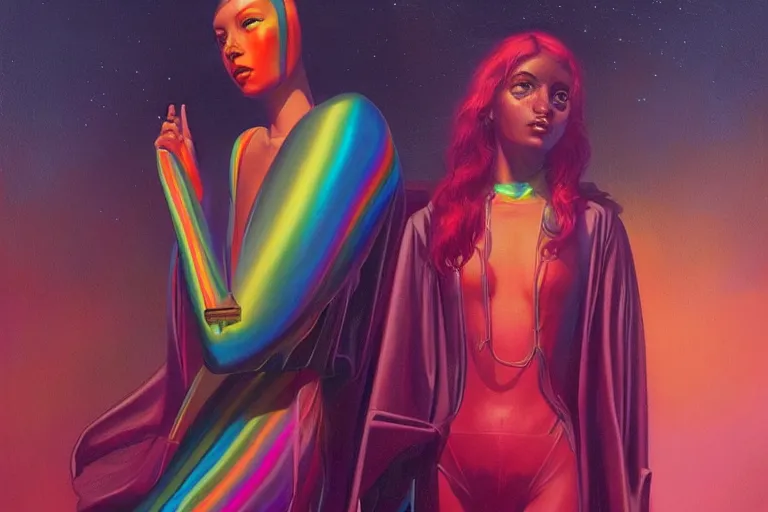 Image similar to patron saint of 🛸🌈👩🏾, futuristic clothing, neon god of city character portrait, in the style of moebius, tom bagshaw, and waterhouse, cinematic lighting, beautiful, elegant, oil painting,