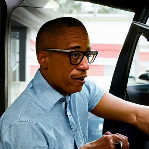 Prompt: Gus Fring eating sitting at a mcdonalds drive thru