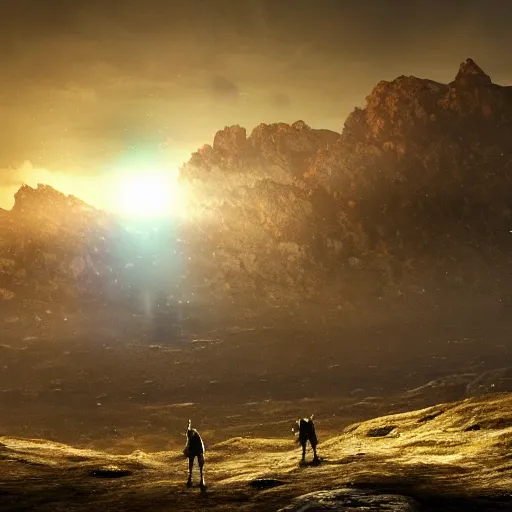 Image similar to huge plateau, extreme drama, distant glowing figures, hdr, movie still, fully photorealistic, artstation, beautiful concept art, sharp luminescent focus, nd 6, sony fx 6, glowing luminescent invocations