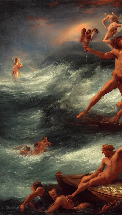 Image similar to man on boat crossing a body of water in hell with creatures in the water, sea of souls, by guillaume seignac