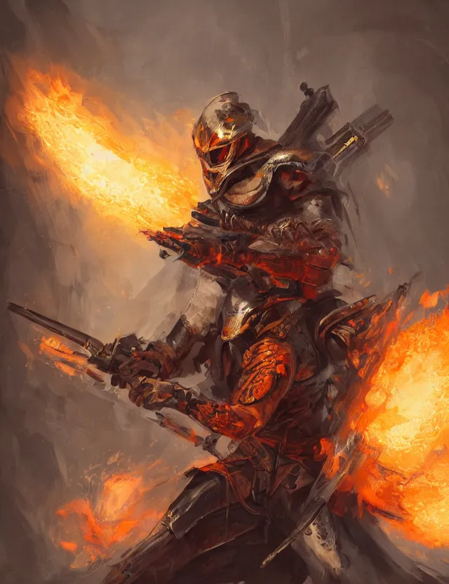 Prompt: a masked warrior in orange armour burning with fire, holding a massive powerful sniper rifle, by frank fazetta and peter mohrbacher, trending on artstation, digital art, 4 k resolution, detailed, high quality, hq artwork, coherent, insane detail, concept art, character concept, character full body portrait