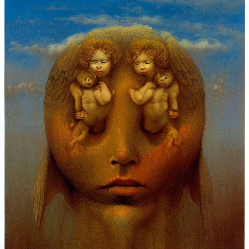 Image similar to cherub with four faces in one, by zdzislaw beksinski