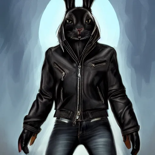 Image similar to A bunny with a small head wearing a leather jacket and leather jeans and leather gloves, trending on FurAffinity, energetic, dynamic, digital art, highly detailed, FurAffinity, high quality, digital fantasy art, FurAffinity, favorite, character art