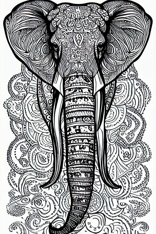 Prompt: elephant, ornaments, fractal, ink drawing, line art colouring page