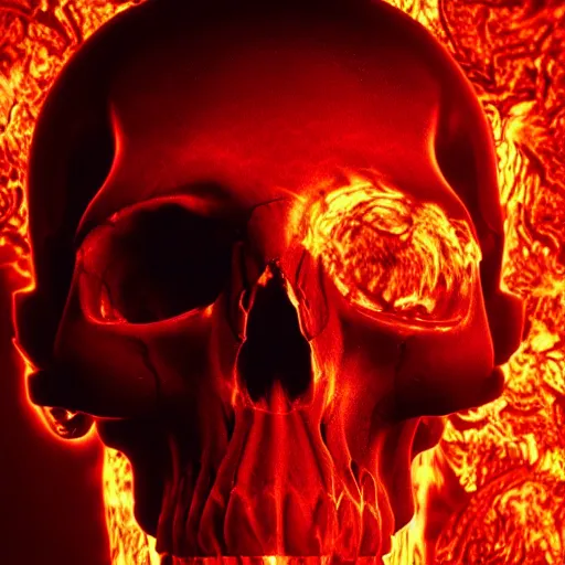 Image similar to a highly detailed human skull on fire in front of a glowing red background, 3 d, fire through eyes, octane render, symmetrical, hyper realism, highly detailed, digital art, artstation, concept art, cinematic lighting, strong bokeh, trending