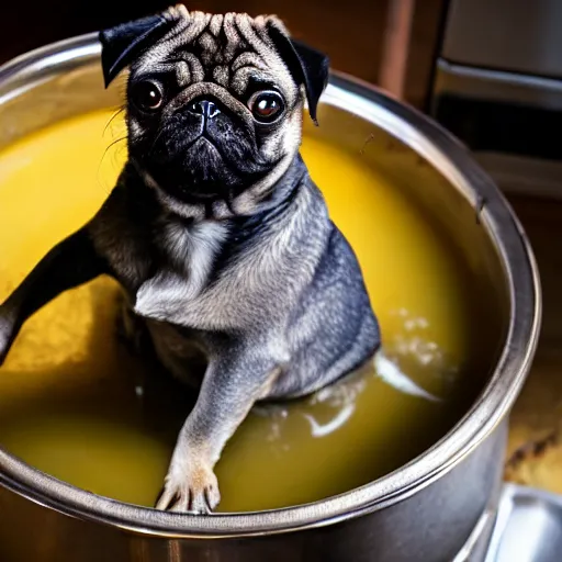 Image similar to An adorable pug sitting in a pot of soup on top of a stove, high resolution photograph