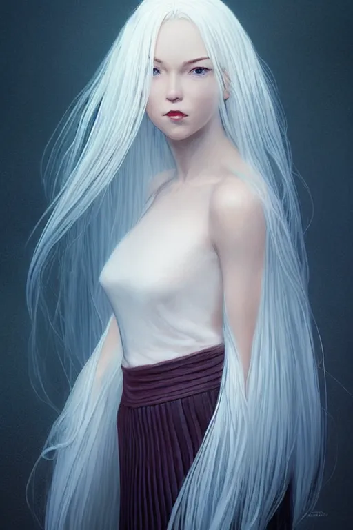 Image similar to magnum opus portrait professional photograph female holding white hair glowing, blush, pleated skirt, flowing hair, slim face, elegant, terry moore, masamune shirow, barclay shaw, karol bak, greg rutkowski