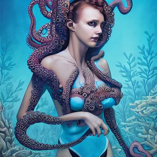 Image similar to lofi underwater victorian biopunk bikini portrait, octopus, Pixar style, by Tristan Eaton Stanley Artgerm and Tom Bagshaw.