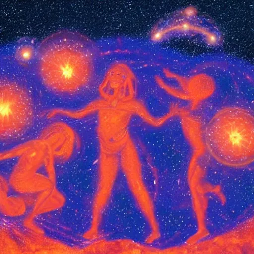 Image similar to the glowing human forms of pancha bhutas wielding their respective elements against a starry galaxy, with a small human silhouette prostrating in front of them