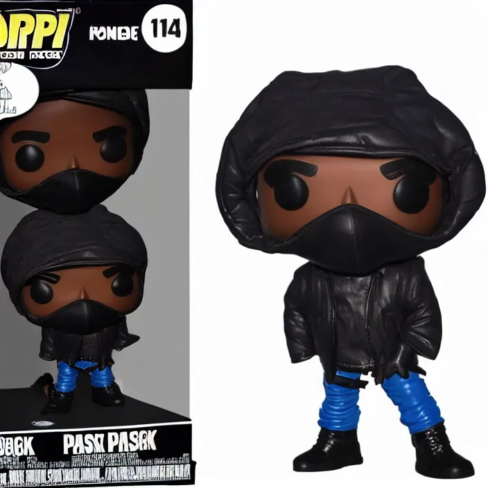 Image similar to a funko pop of kanye west using a full face covering black mask, a small, tight, undersized reflective bright blue round puffer jacket made of nylon, dark jeans pants and big black balenciaga rubber boots, figurine, detailed product photo