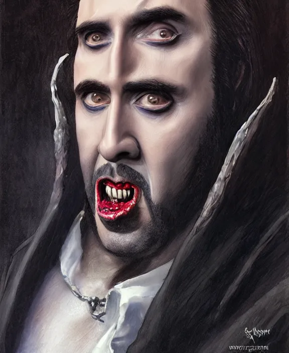 Image similar to nicolas cage as dracula, highly detailed, centered, artstation, concept art, smooth, sharp focus, illustration, bokeh art by artgerm and donato giancola and joseph christian leyendecker