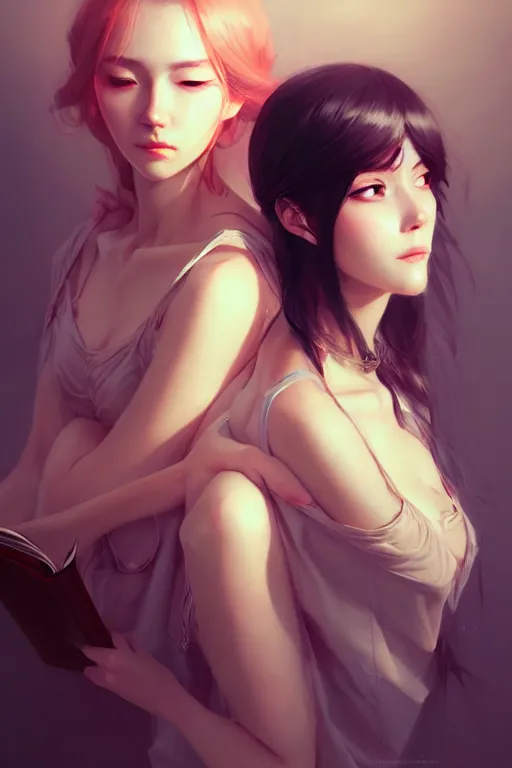 Image similar to portrait of two wise and very beautiful women reviewing some texts, art by guweiz, intricate, elegant, highly detailed, smooth, sharp focus, artstation