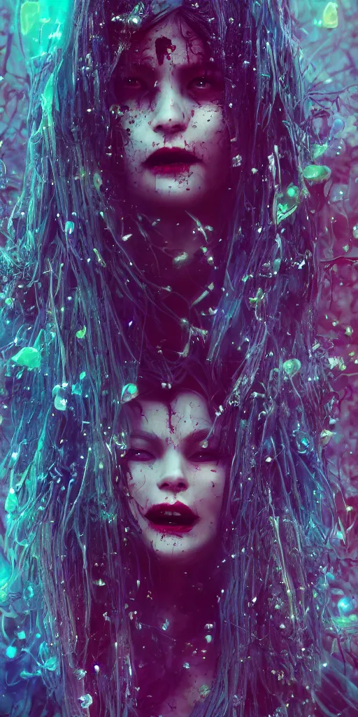Image similar to impossibly beautiful vampire with large vampire fangs, full body, intricate complexity, horror, psychedelic glitch art, rainbow drip paint, trending on art station, photoreal, 8k, octane render
