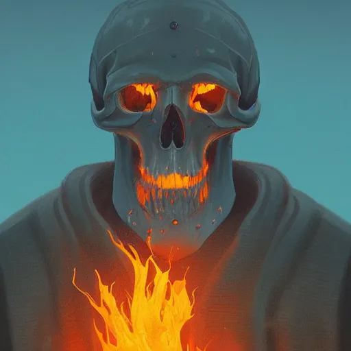 Prompt: A stunning profile of a symmetrical skull set on fire Simon Stalenhag, Trending on Artstation, 8K