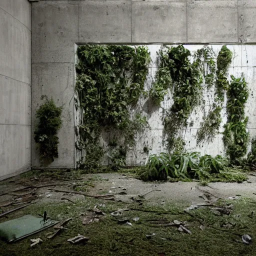 Image similar to an abandoned room in a concrete building, overgrown plants, dreamy, overcast, by hans bellmer