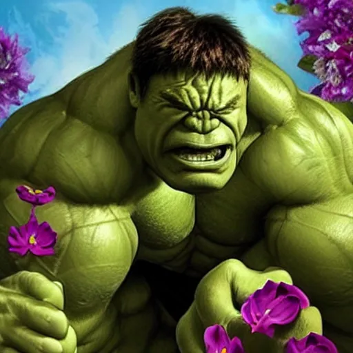 Image similar to hyper realistic image of hulk with love and flowers