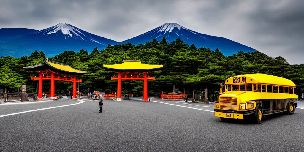 Image similar to Yellow school bus driving towards a Japanese Torii gate at Mount Fuji location in Japan, time travel, ray tracing
