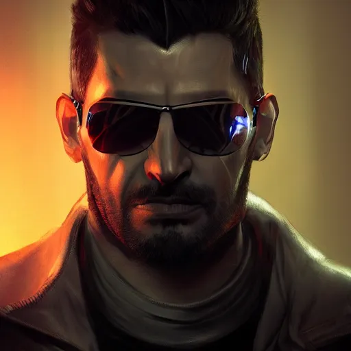 Image similar to Adam Jensen from Deus Ex as Gigachad, by Cedric Peyravernay, highly detailed, cinematic concept art, dramatic lighting, trending on ArtStation