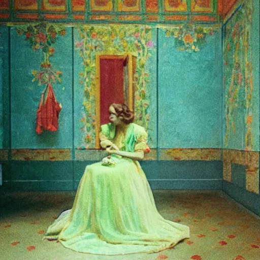 Image similar to a beautiful flowery girl in an soviet golden liminal abandoned room, film still by wes anderson, depicted by balthus, limited color palette, very intricate, art nouveau, highly detailed, lights by hopper, soft pastel colors