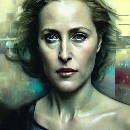 Image similar to gillian anderson, hyperrealistic portrait, bladerunner street, art of elysium by jeremy mann and alphonse mucha, fantasy art, photo realistic, dynamic lighting, artstation, poster, volumetric lighting, very detailed face, 4 k, award winning