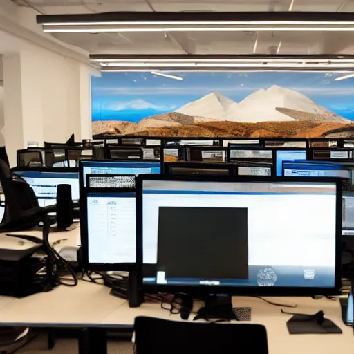 Image similar to a mountain made out of computer screens in a crowded office with cubicles, the computer screens have bitcoin logos, unreal engine 5, harsh contrast lighting