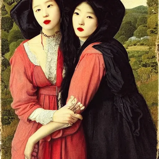 Image similar to Woman holding another woman, arm around her neck, she is Korean, the other black, both have red lips, wearing a veil, Pre-Raphaelite style