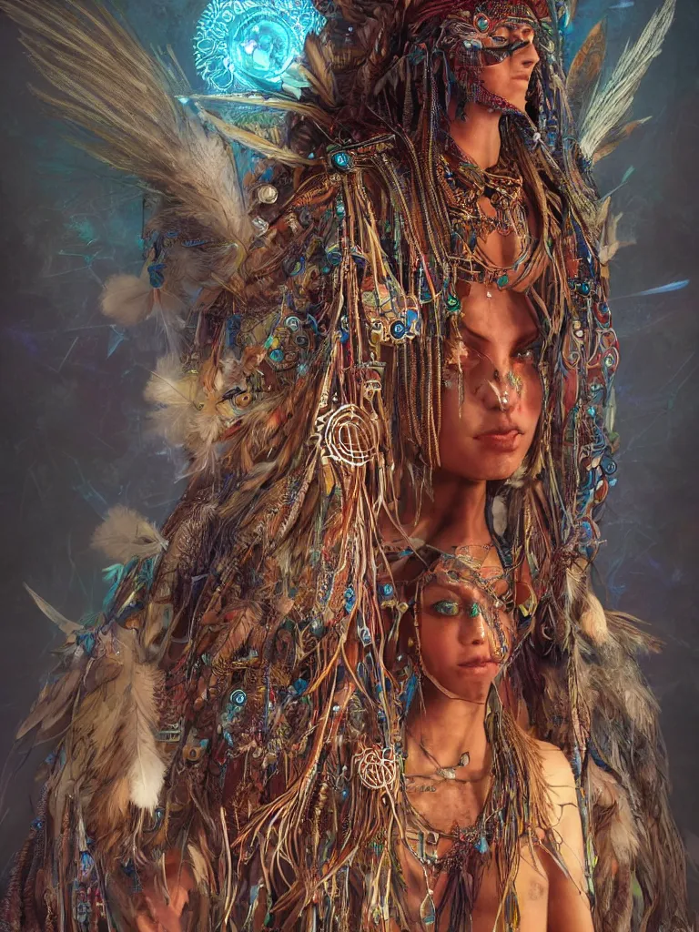 Image similar to a photo of a mystical tribal shaman adorned with feathers and gemstones and cables and synthesizer parts is surrounded by sacred geometry made from elven architecture, full body, gorgeous, perfect face, powerful, cinematic, beautifully lit, by artgerm, by karol bak, 3 d, trending on artstation, octane render, 8 k