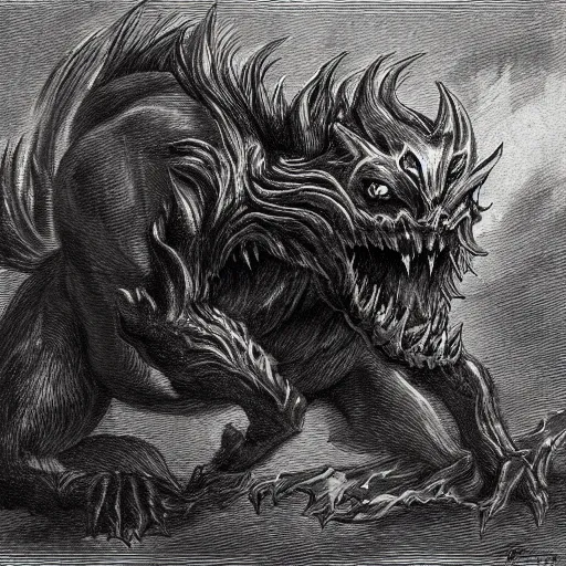 Prompt: full body grayscale drawing by Gustave Dore of muscled manticore beast growling with ferocious teeth, swirling flames in background
