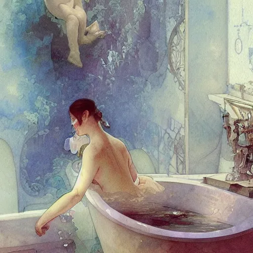 Image similar to a beautifull intricate watercolour painting of a bath, reflexions, verry high details by william turner art, greg rutkowski and alphonse mucha, trending on artstation, very very detailed, masterpiece, muted colors