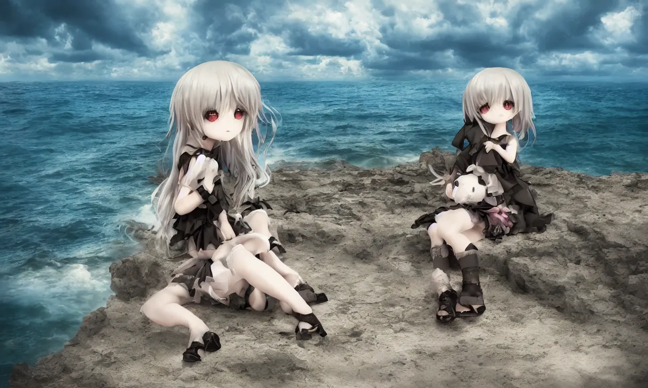 Image similar to cute fumo plush girl enigmatic gothic maiden anime girl on an abandoned island surrounded by the sea, marine seascape, vignette, vray