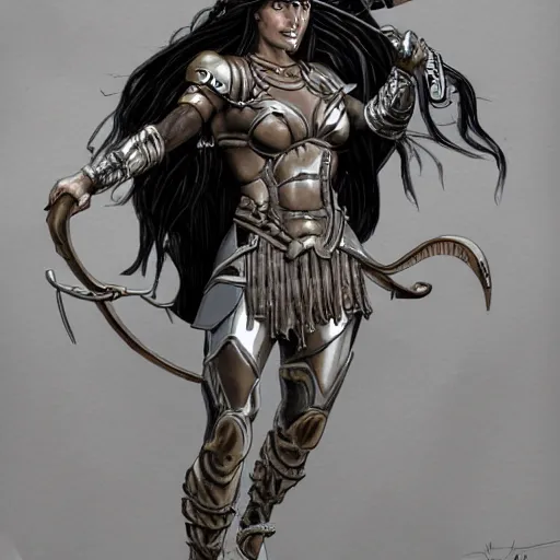 Prompt: a muscular bronze - skinned silver - eyed woman warrior with long black hair, in xena armor, in an arena on a hostile alien planet, highly detailed, mike mignola, trending on art station, illustration, comic book