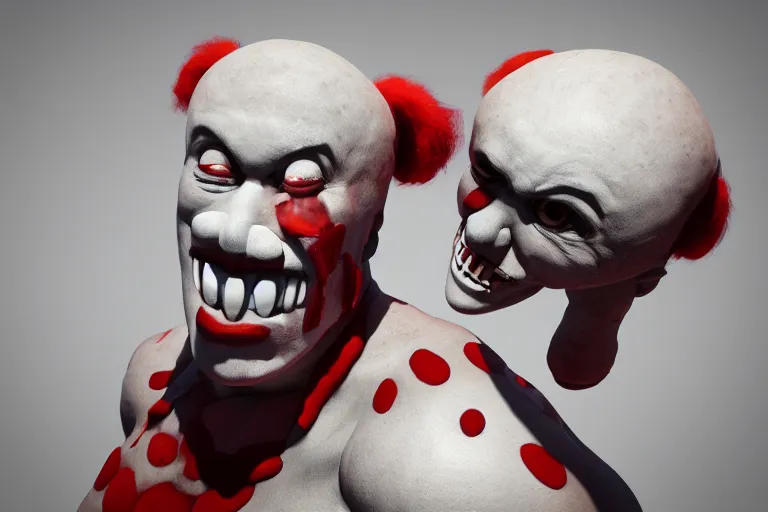 Image similar to a giant horrific clown in the distance, made of flesh and muscles, 3 d render, blender,