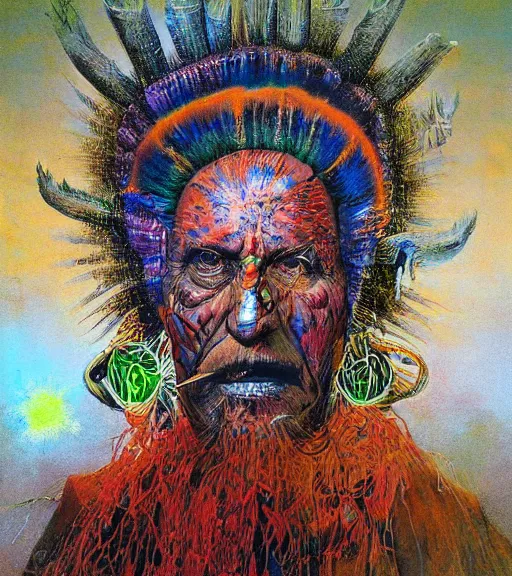 Image similar to Portrait painting in a style of Beksinski mixed with Alex Grey of an old shaman dressed in a colorful traditional clothes.