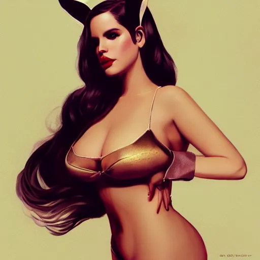 Prompt: detailed photo of lana del rey wearing a playboy bunny outfit, bunny ears, 8 k, by greg rutkowski, artgerm, in the style of playboy magazine