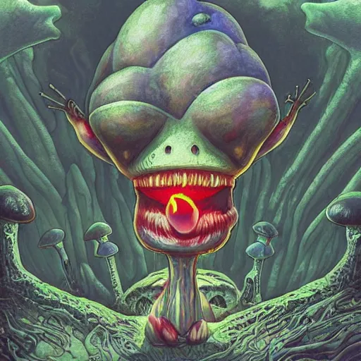 Image similar to A centered chest up portrait of a psychedelic demonic anthropomorphic frog smoking a hand-rolled cigarette smoking heavily , magic mushroom village in background . award winning. superb resolution. in the art style of junji Ito and greg rutkowski . Detailed Mushroom city in background. Hyper realistic anime. Perfect art. Dalle2