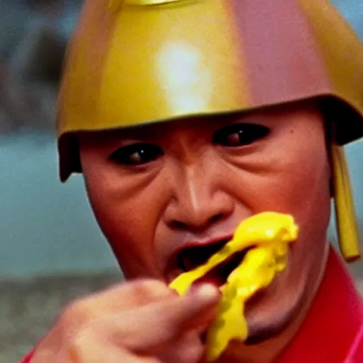 Image similar to scene from Kagemusha, 1980, movie still, cinematic, a samurai eating a hot dog, mustard and ketchup,