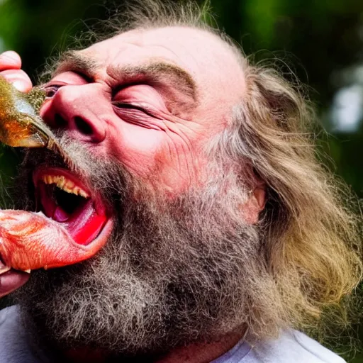 Image similar to close up shot of brian blessed swallowing a fish whole. photography, photographic