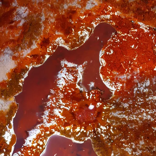 Image similar to satellite photograph of the Great Lakes filled with pizza sauce